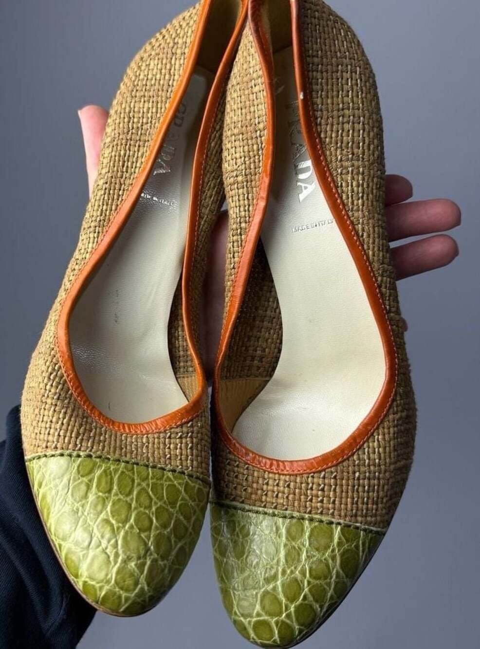 Prada Woven Raffia and Green Alligator Cap-Toe Pumps with Orange Leather Trim 39